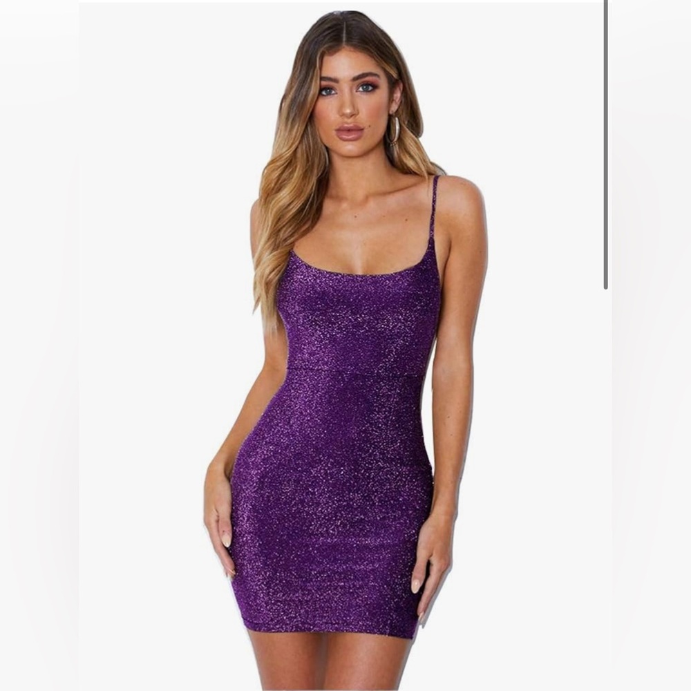 NEW Purple Glitter Bandage Bodycon Sleeveless Strappy Mini Club Party Dress S